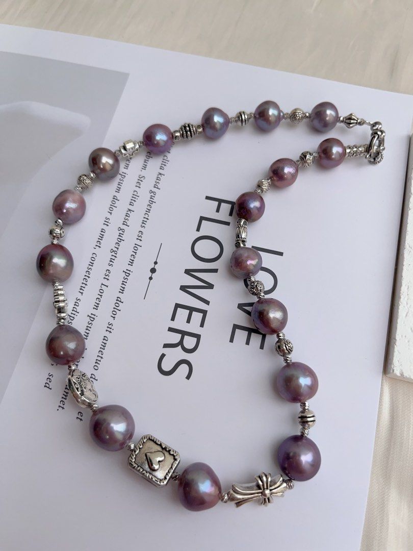 #PN1020 Freshwater Pearl Necklace | Big Blueberry Purple Baroque Pearl | Cross| Dark Purple Metallic Lustre | Sweet & Cool| 43cm| Lustrous | Rare| Cannot Resist
