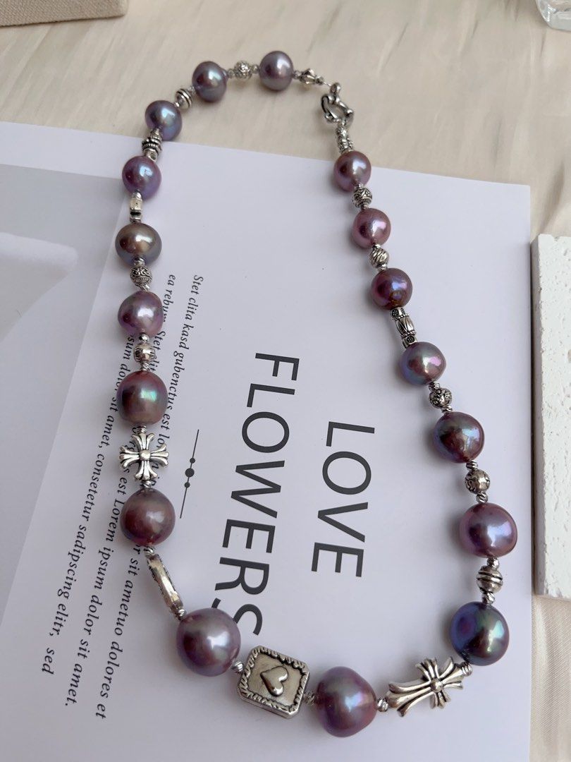 #PN1020 Freshwater Pearl Necklace | Big Blueberry Purple Baroque Pearl | Cross| Dark Purple Metallic Lustre | Sweet & Cool| 43cm| Lustrous | Rare| Cannot Resist