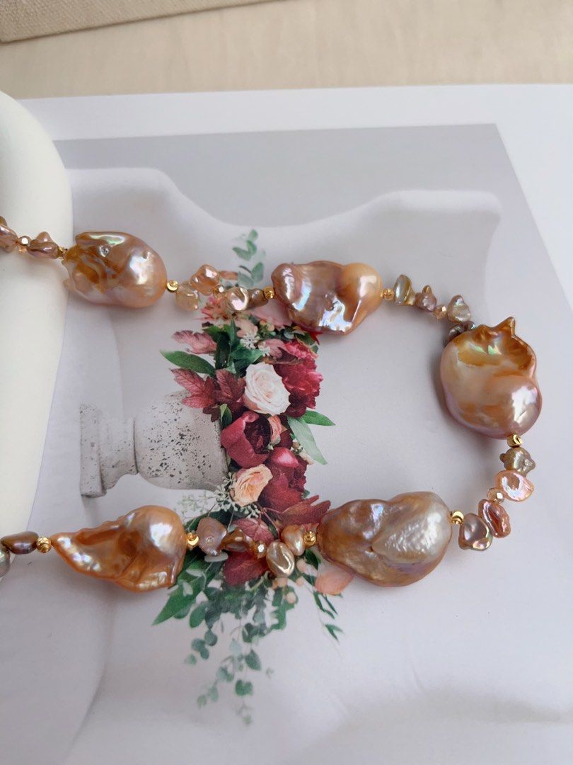 #PN1021 Freshwater Pearl Necklace | Sweet Orange Pudding 🍮 | Golden Orange Gilded Lustre| Excellent Lustre | 45cm| Dark Vintage Petals| Adopt A New Style