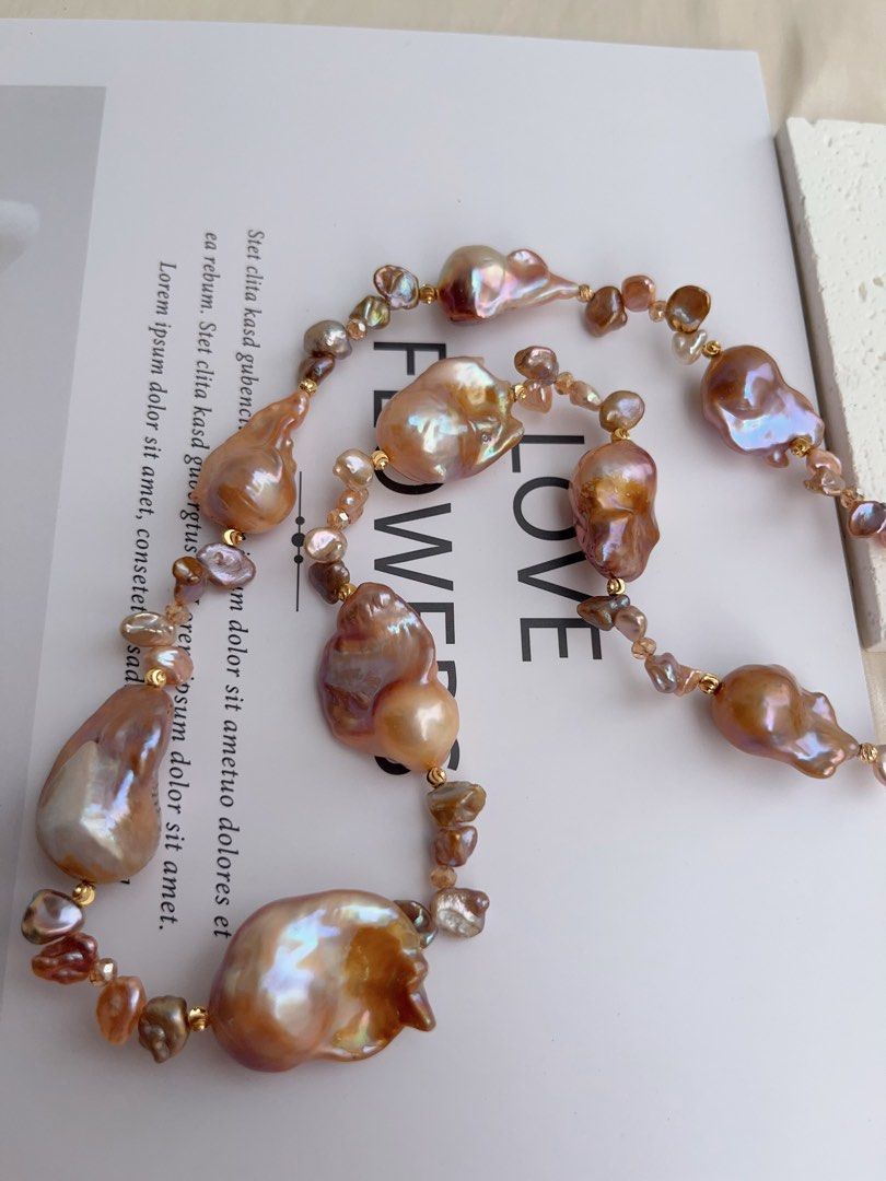 #PN1021 Freshwater Pearl Necklace | Sweet Orange Pudding 🍮 | Golden Orange Gilded Lustre| Excellent Lustre | 45cm| Dark Vintage Petals| Adopt A New Style