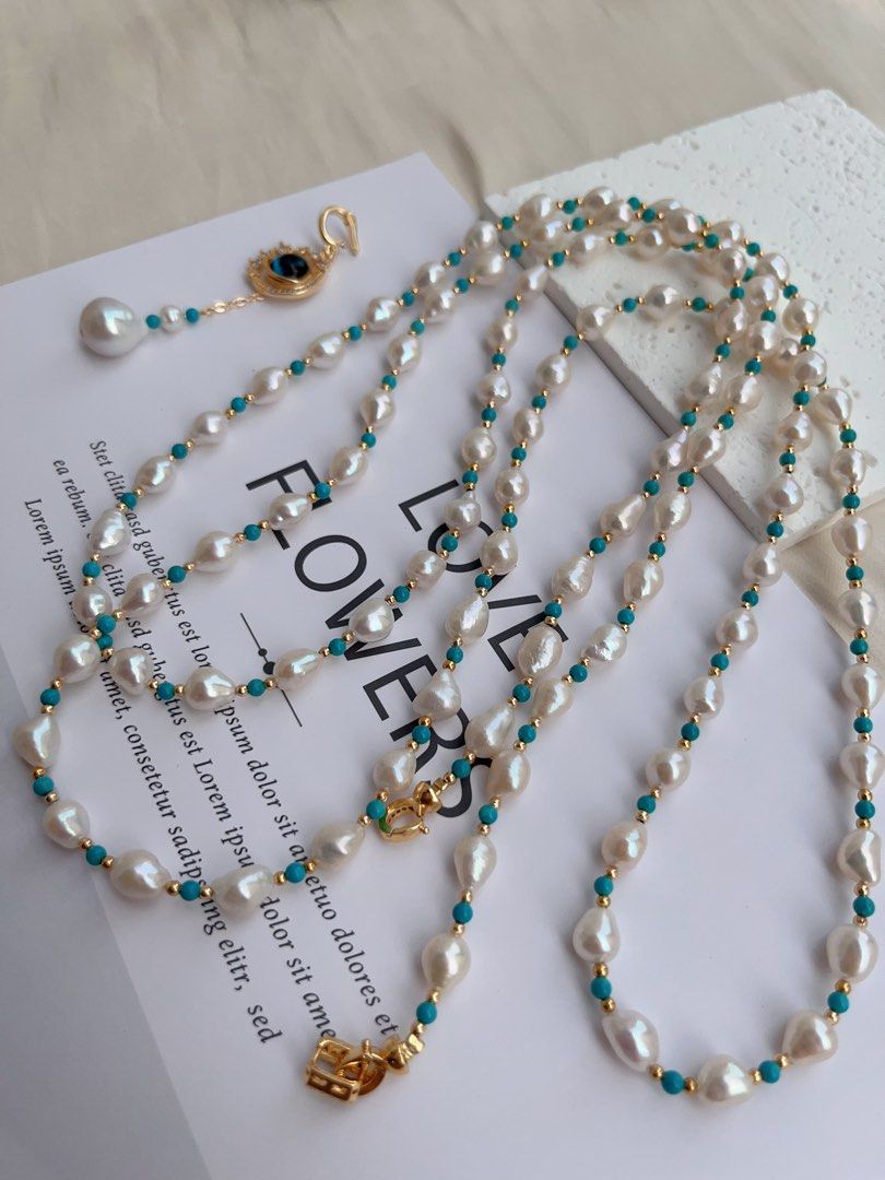 #PN1022 Freshwater Pearl Necklace | Detachable Pendant | Turquoise | Rice Baroque | Super Long 3-round Sweater Necklace | 137cm|Tribal Vibe