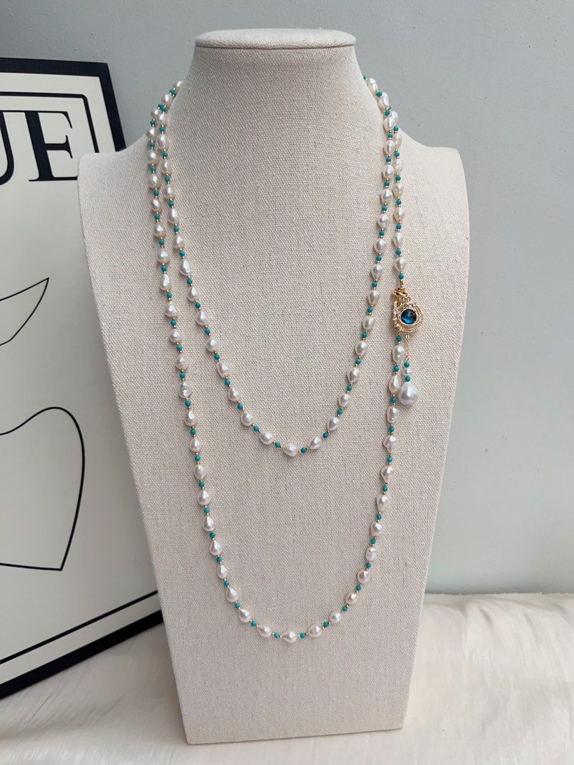 #PN1022 Freshwater Pearl Necklace | Detachable Pendant | Turquoise | Rice Baroque | Super Long 3-round Sweater Necklace | 137cm|Tribal Vibe