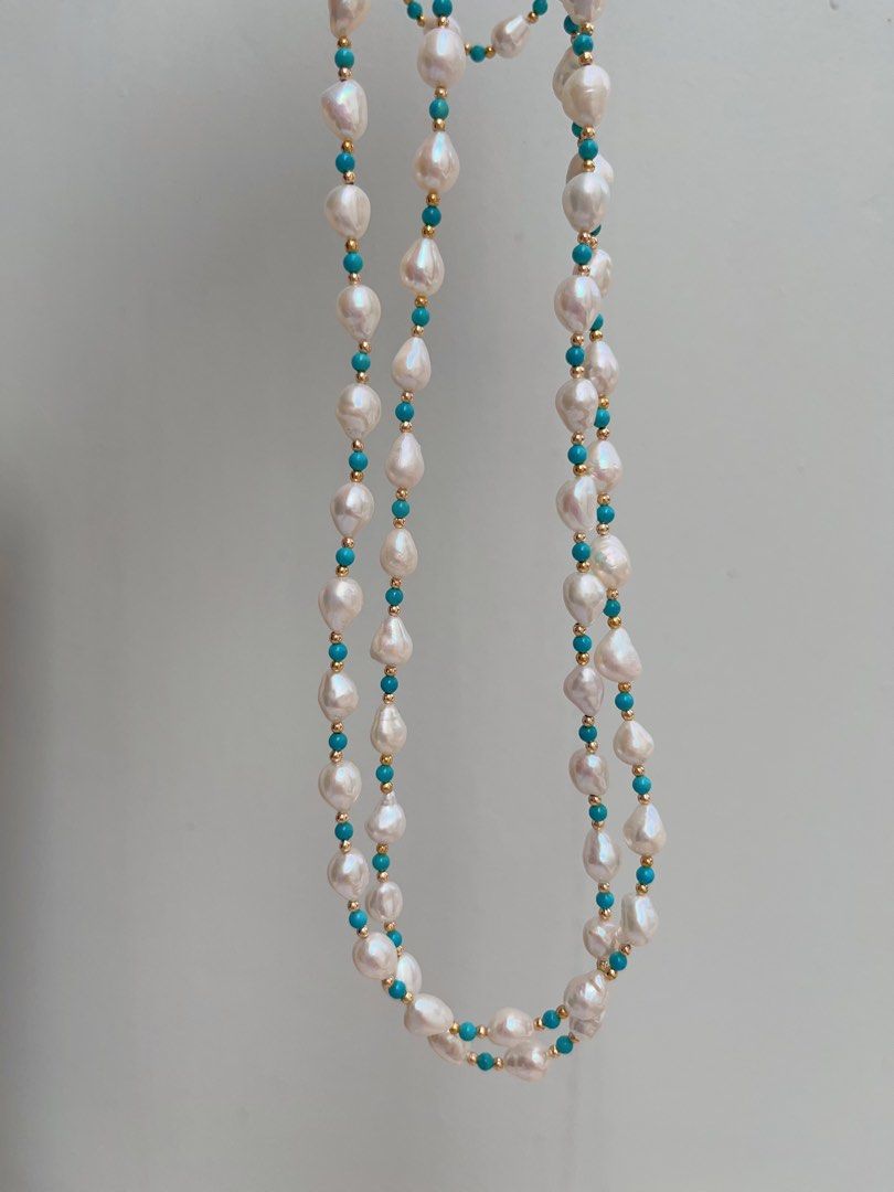 #PN1022 Freshwater Pearl Necklace | Detachable Pendant | Turquoise | Rice Baroque | Super Long 3-round Sweater Necklace | 137cm|Tribal Vibe
