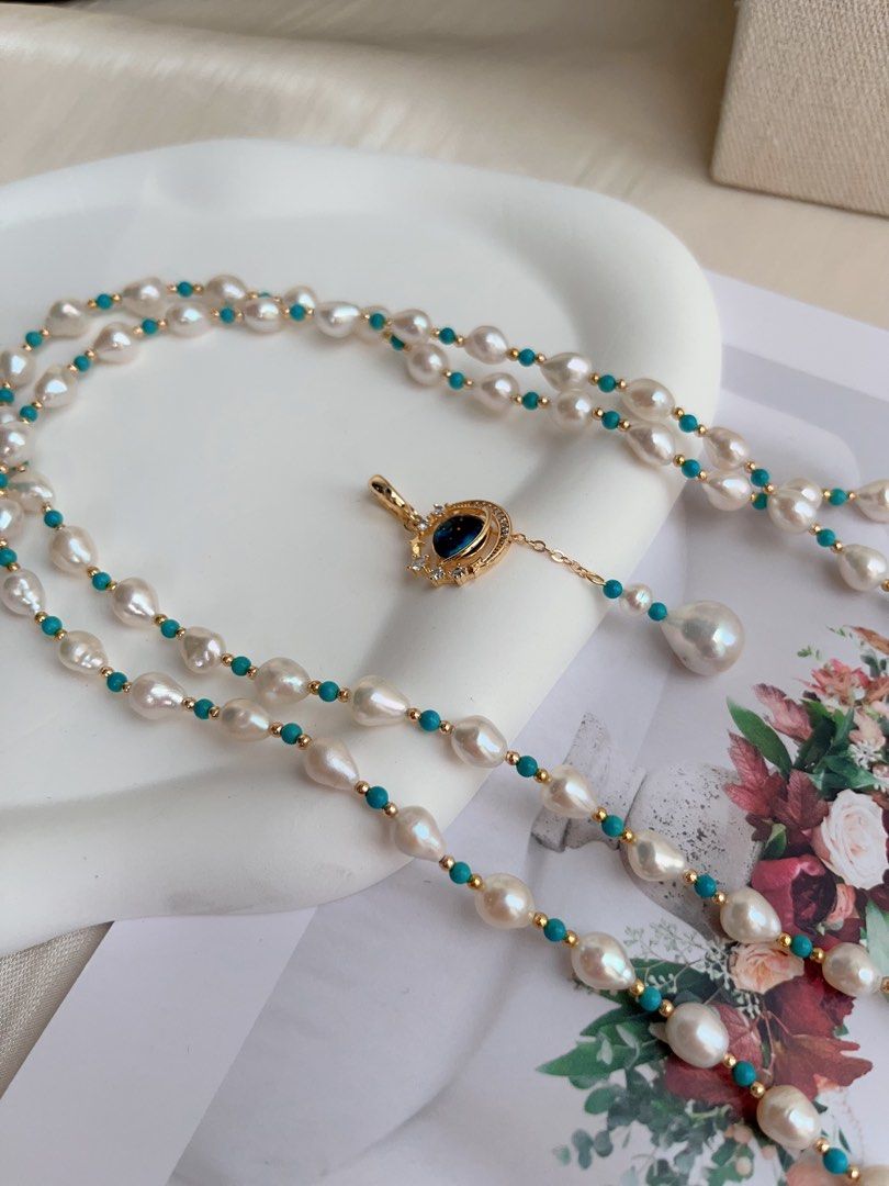 #PN1022 Freshwater Pearl Necklace | Detachable Pendant | Turquoise | Rice Baroque | Super Long 3-round Sweater Necklace | 137cm|Tribal Vibe