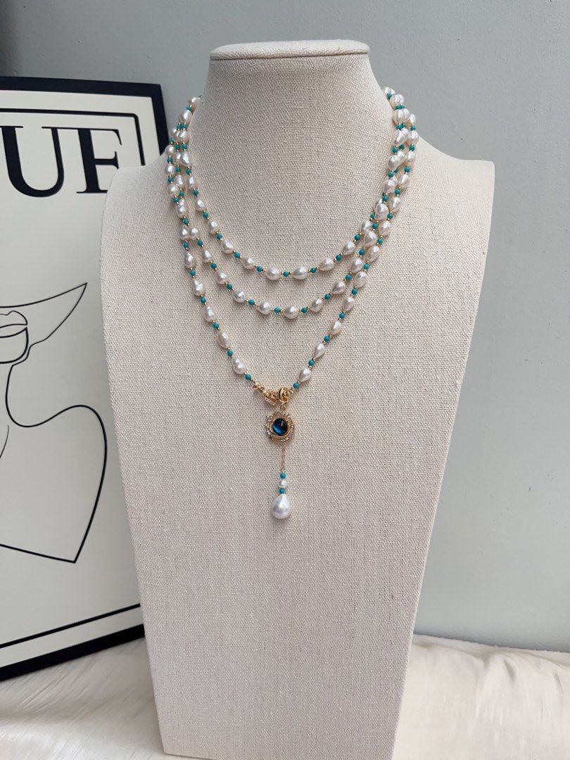 #PN1022 Freshwater Pearl Necklace | Detachable Pendant | Turquoise | Rice Baroque | Super Long 3-round Sweater Necklace | 137cm|Tribal Vibe