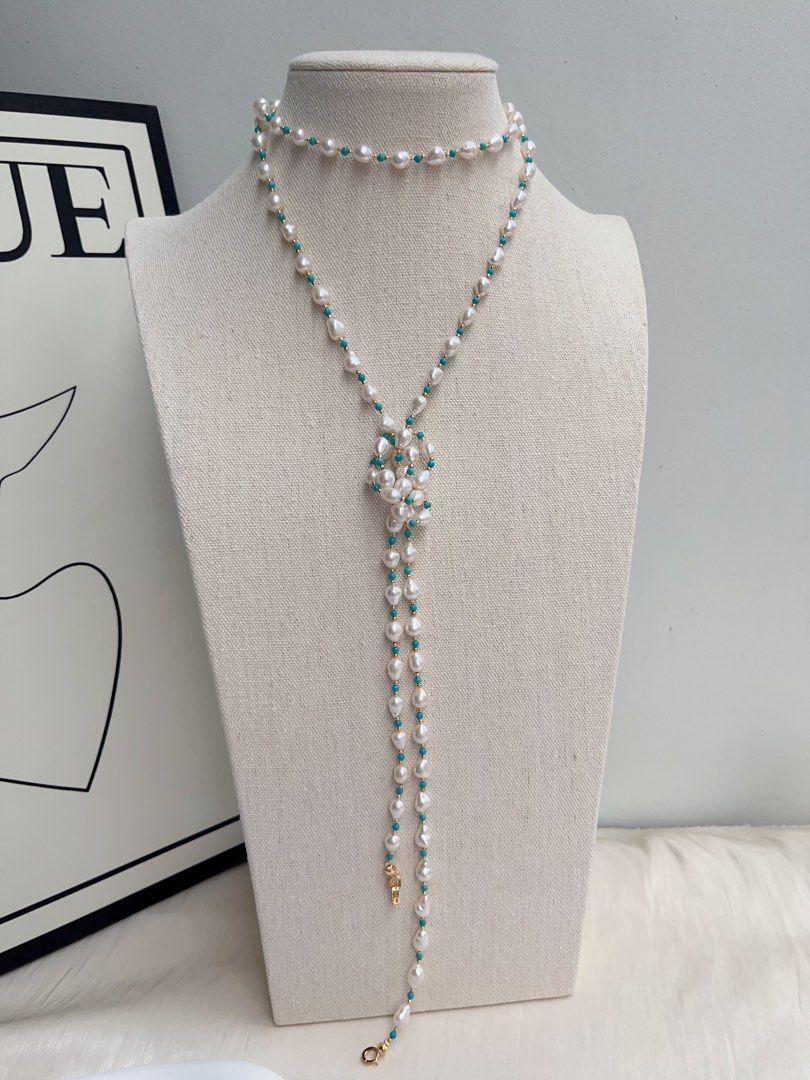 #PN1022 Freshwater Pearl Necklace | Detachable Pendant | Turquoise | Rice Baroque | Super Long 3-round Sweater Necklace | 137cm|Tribal Vibe