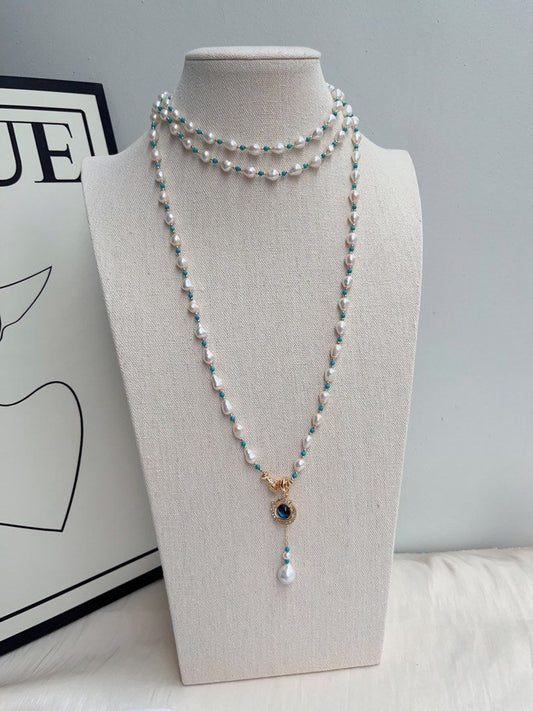 #PN1022 Freshwater Pearl Necklace | Detachable Pendant | Turquoise | Rice Baroque | Super Long 3-round Sweater Necklace | 137cm|Tribal Vibe