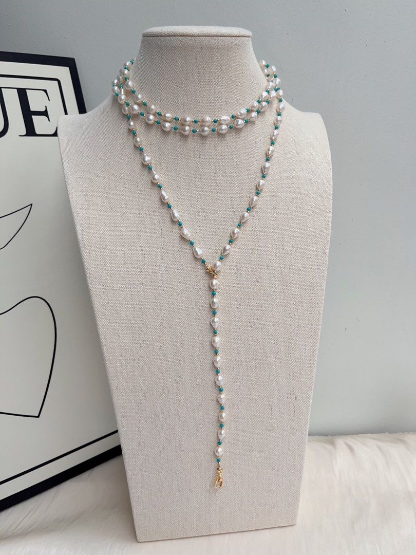 #PN1022 Freshwater Pearl Necklace | Detachable Pendant | Turquoise | Rice Baroque | Super Long 3-round Sweater Necklace | 137cm|Tribal Vibe