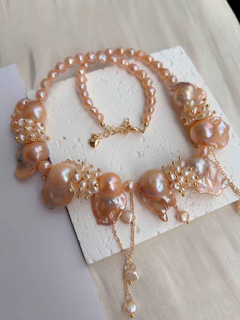 #PN1023 [Floral Series] Freshwater Pearl Necklace | Beautiful Sunset | Lustrous Orange 🍊 Fishtail Baroque | Dripping Pearl | Waterfall Design| 41+5cm|Princess Vibe| Bridal| Petals
