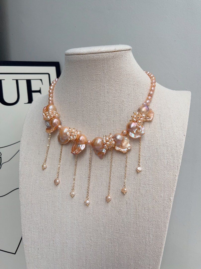 #PN1023 [Floral Series] Freshwater Pearl Necklace | Beautiful Sunset | Lustrous Orange 🍊 Fishtail Baroque | Dripping Pearl | Waterfall Design| 41+5cm|Princess Vibe| Bridal| Petals