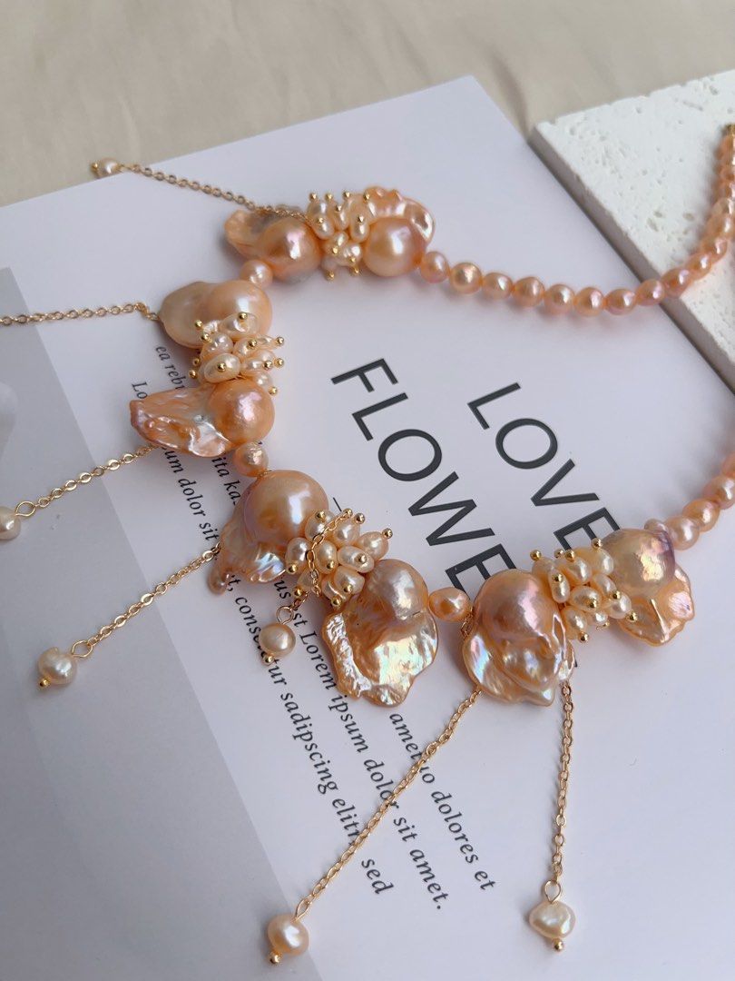 #PN1023 [Floral Series] Freshwater Pearl Necklace | Beautiful Sunset | Lustrous Orange 🍊 Fishtail Baroque | Dripping Pearl | Waterfall Design| 41+5cm|Princess Vibe| Bridal| Petals