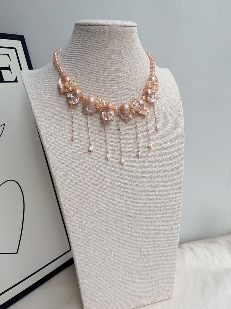 #PN1023 [Floral Series] Freshwater Pearl Necklace | Beautiful Sunset | Lustrous Orange 🍊 Fishtail Baroque | Dripping Pearl | Waterfall Design| 41+5cm|Princess Vibe| Bridal| Petals