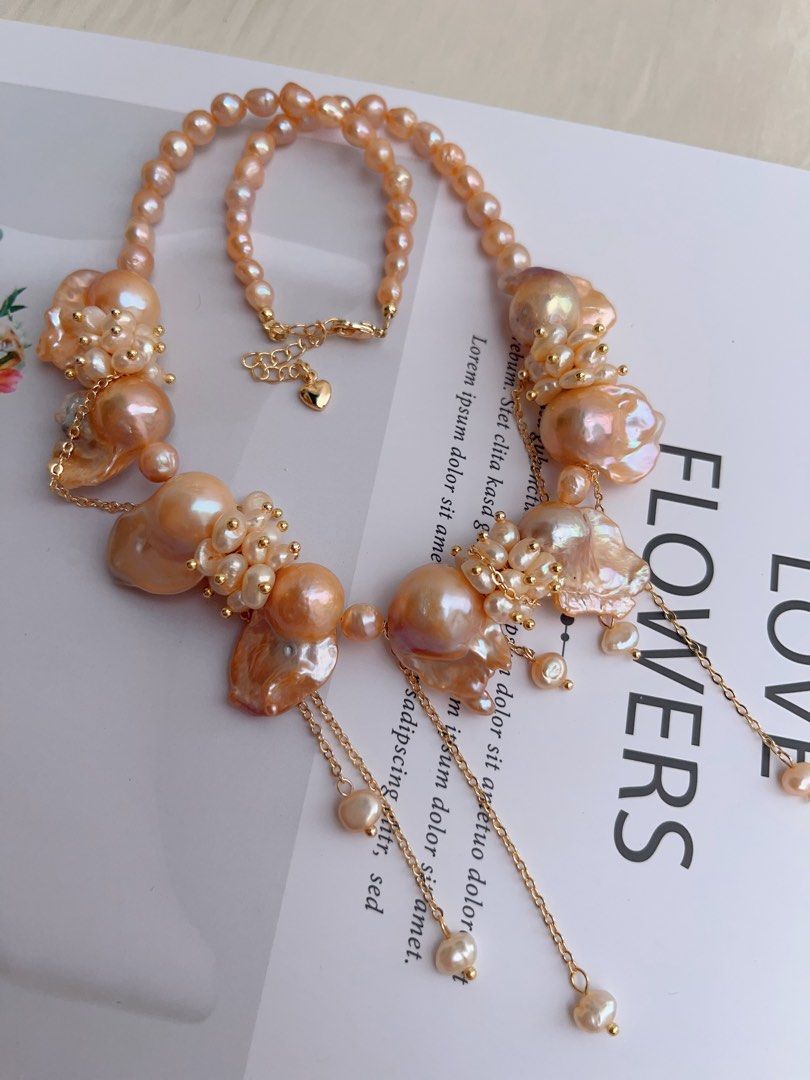#PN1023 [Floral Series] Freshwater Pearl Necklace | Beautiful Sunset | Lustrous Orange 🍊 Fishtail Baroque | Dripping Pearl | Waterfall Design| 41+5cm|Princess Vibe| Bridal| Petals