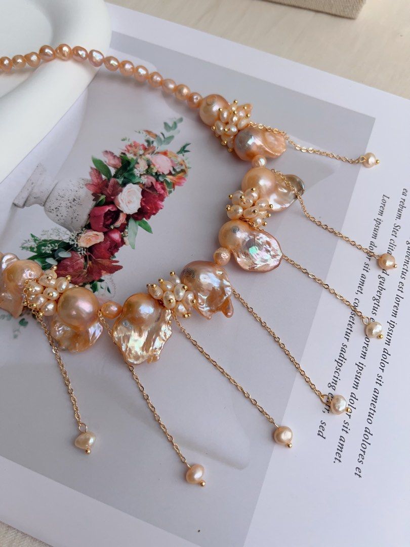 #PN1023 [Floral Series] Freshwater Pearl Necklace | Beautiful Sunset | Lustrous Orange 🍊 Fishtail Baroque | Dripping Pearl | Waterfall Design| 41+5cm|Princess Vibe| Bridal| Petals