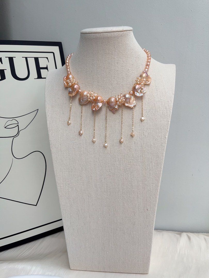 #PN1023 [Floral Series] Freshwater Pearl Necklace | Beautiful Sunset | Lustrous Orange 🍊 Fishtail Baroque | Dripping Pearl | Waterfall Design| 41+5cm|Princess Vibe| Bridal| Petals