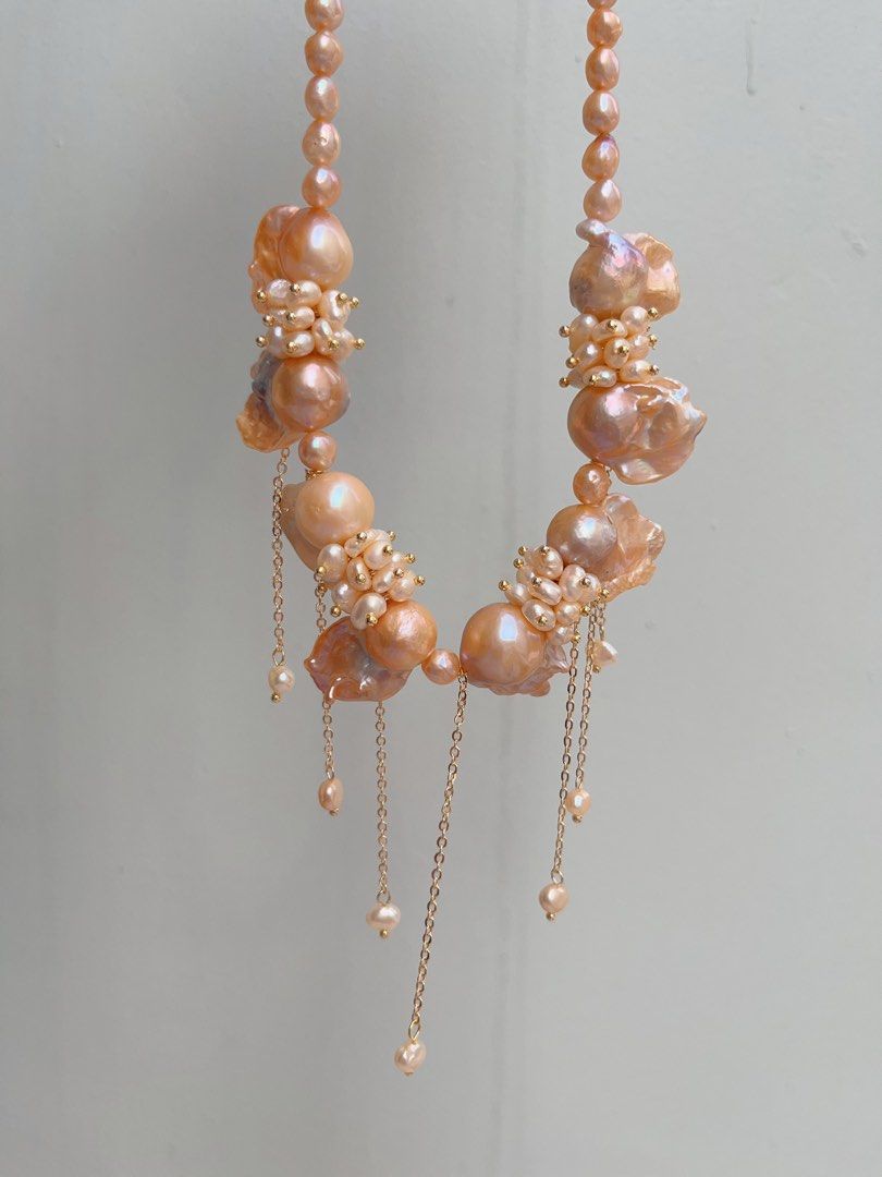 #PN1023 [Floral Series] Freshwater Pearl Necklace | Beautiful Sunset | Lustrous Orange 🍊 Fishtail Baroque | Dripping Pearl | Waterfall Design| 41+5cm|Princess Vibe| Bridal| Petals