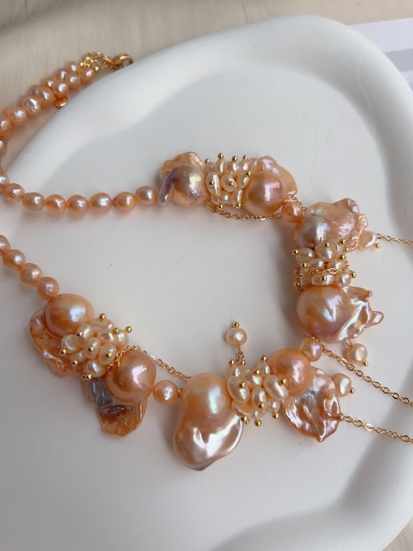 #PN1023 [Floral Series] Freshwater Pearl Necklace | Beautiful Sunset | Lustrous Orange 🍊 Fishtail Baroque | Dripping Pearl | Waterfall Design| 41+5cm|Princess Vibe| Bridal| Petals