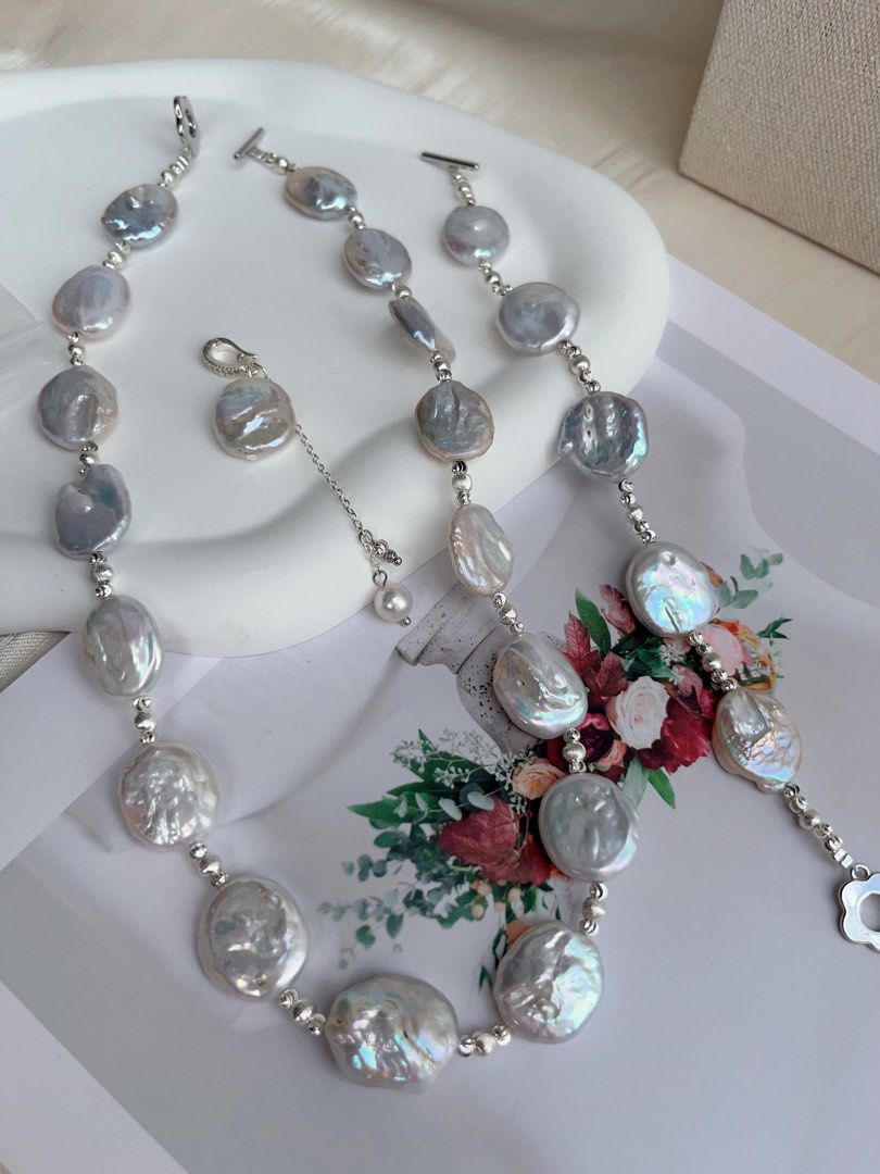 #PN1024 Freshwater Pearl Necklace & Bracelet Set | Detachable Pendant | Cold Silver-blue Lustre| Square Baroque | Can Connect to Wear As Long| the Hidden Character Inside You