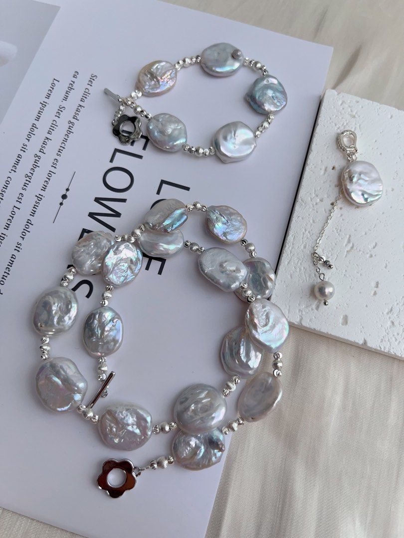 #PN1024 Freshwater Pearl Necklace & Bracelet Set | Detachable Pendant | Cold Silver-blue Lustre| Square Baroque | Can Connect to Wear As Long| the Hidden Character Inside You