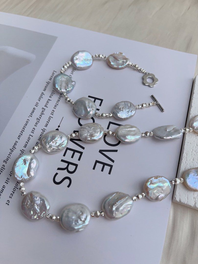 #PN1024 Freshwater Pearl Necklace & Bracelet Set | Detachable Pendant | Cold Silver-blue Lustre| Square Baroque | Can Connect to Wear As Long| the Hidden Character Inside You