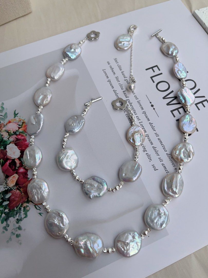 #PN1024 Freshwater Pearl Necklace & Bracelet Set | Detachable Pendant | Cold Silver-blue Lustre| Square Baroque | Can Connect to Wear As Long| the Hidden Character Inside You