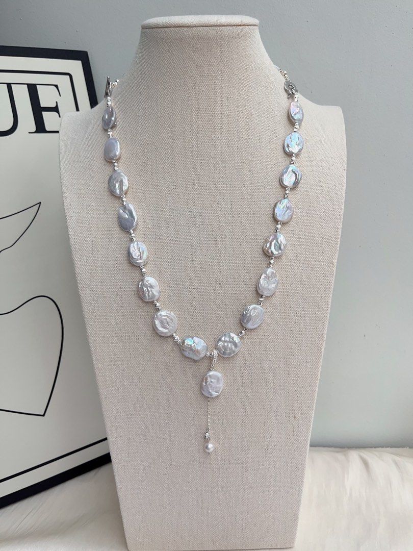 #PN1024 Freshwater Pearl Necklace & Bracelet Set | Detachable Pendant | Cold Silver-blue Lustre| Square Baroque | Can Connect to Wear As Long| the Hidden Character Inside You