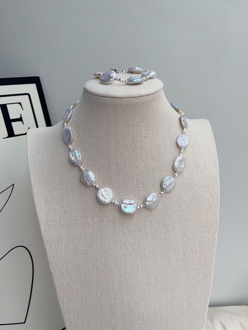 #PN1024 Freshwater Pearl Necklace & Bracelet Set | Detachable Pendant | Cold Silver-blue Lustre| Square Baroque | Can Connect to Wear As Long| the Hidden Character Inside You
