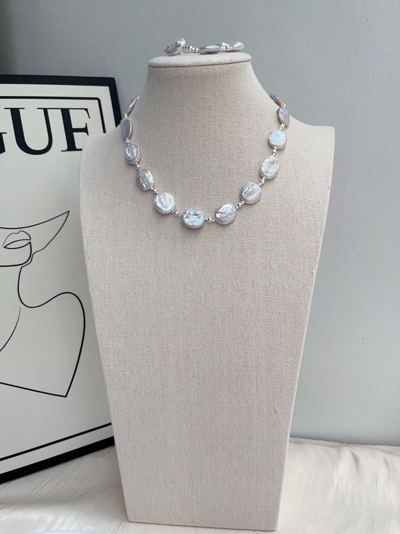 #PN1024 Freshwater Pearl Necklace & Bracelet Set | Detachable Pendant | Cold Silver-blue Lustre| Square Baroque | Can Connect to Wear As Long| the Hidden Character Inside You