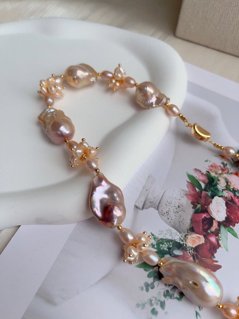 #PN1025 [Floral Series] Peach Blossom 🌸 | Metallic Golden Pink Fishtail Baroque | Excellent Lustre| Rice Baroque | 43cm| The One You Lack| Must Have It