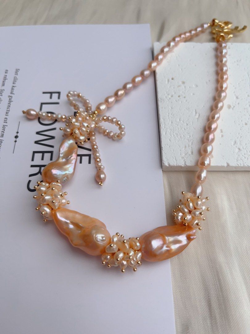 #PN1026 [Floral Series] Freshwater Pearl Necklace | Sweet Orange 🍊 Sparkling Water| A Fresh Breath In Summer|Ribbon Design| Golden Orange Lustrous Big Fishtail Baroque | Rice Pearl | 43cm| Shining Sun ☀️