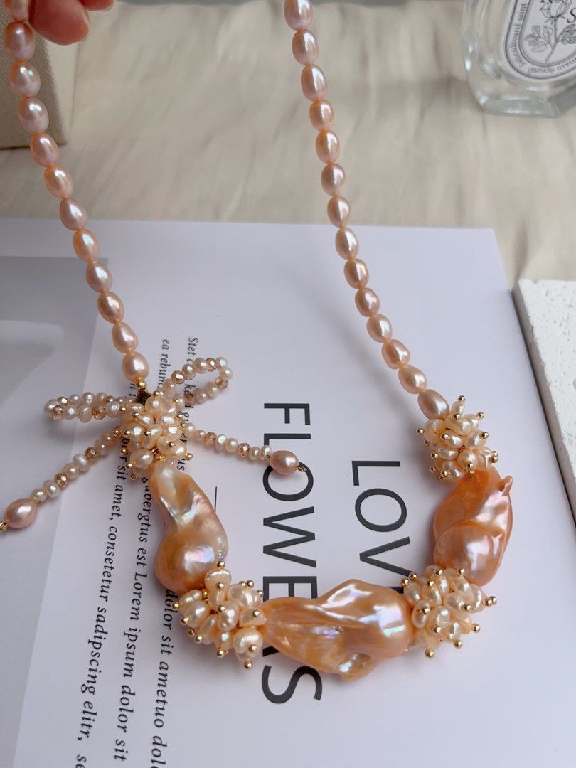 #PN1026 [Floral Series] Freshwater Pearl Necklace | Sweet Orange 🍊 Sparkling Water| A Fresh Breath In Summer|Ribbon Design| Golden Orange Lustrous Big Fishtail Baroque | Rice Pearl | 43cm| Shining Sun ☀️