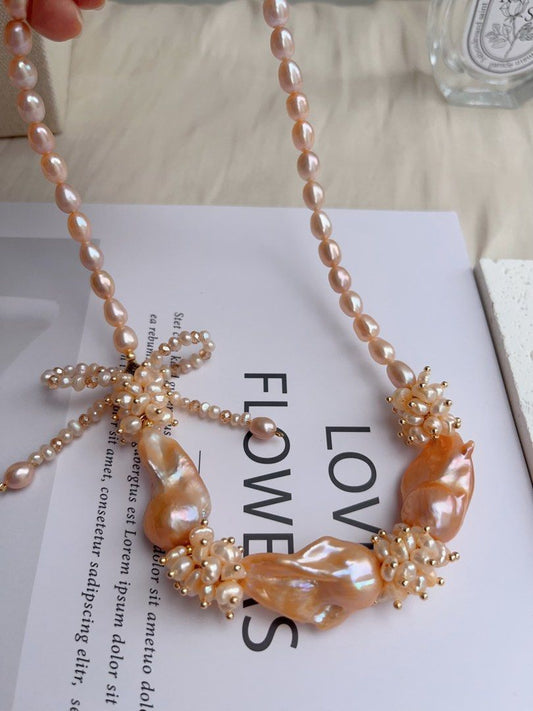 #PN1026 [Floral Series] Freshwater Pearl Necklace | Sweet Orange 🍊 Sparkling Water| A Fresh Breath In Summer|Ribbon Design| Golden Orange Lustrous Big Fishtail Baroque | Rice Pearl | 43cm| Shining Sun ☀️