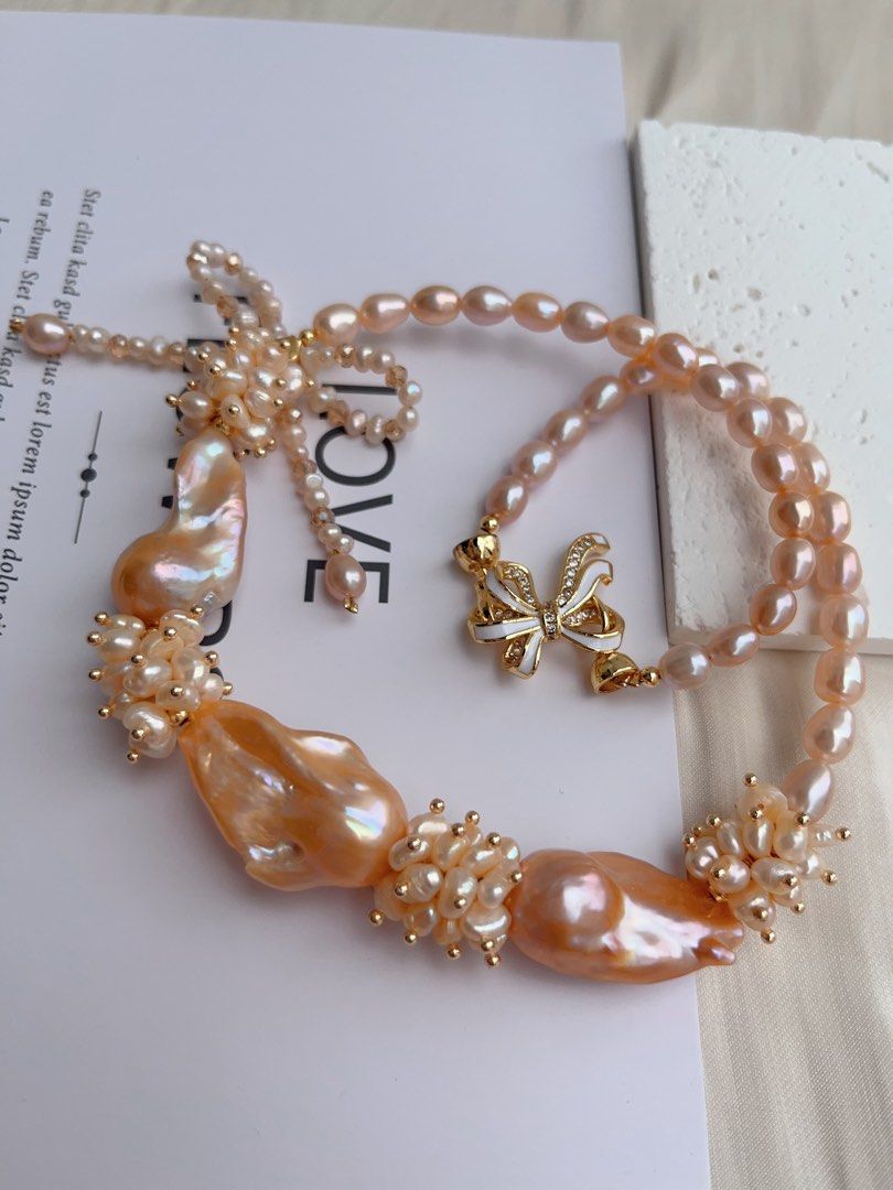 #PN1026 [Floral Series] Freshwater Pearl Necklace | Sweet Orange 🍊 Sparkling Water| A Fresh Breath In Summer|Ribbon Design| Golden Orange Lustrous Big Fishtail Baroque | Rice Pearl | 43cm| Shining Sun ☀️