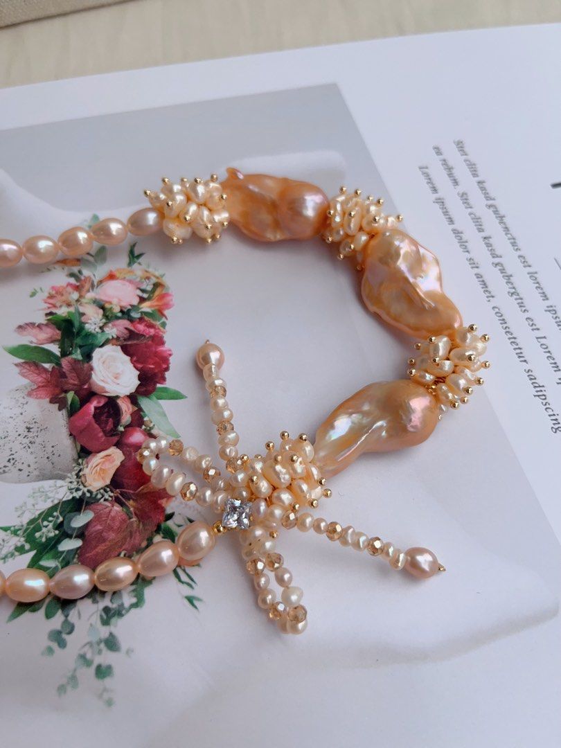 #PN1026 [Floral Series] Freshwater Pearl Necklace | Sweet Orange 🍊 Sparkling Water| A Fresh Breath In Summer|Ribbon Design| Golden Orange Lustrous Big Fishtail Baroque | Rice Pearl | 43cm| Shining Sun ☀️