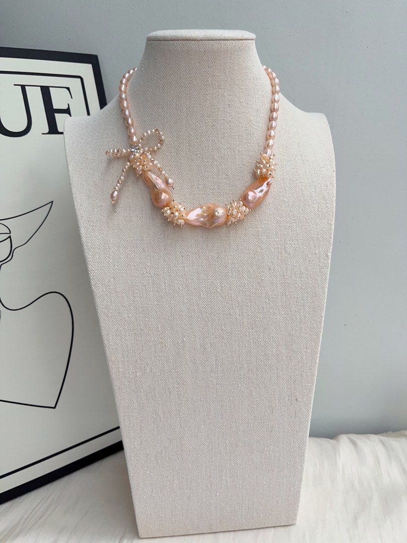 #PN1026 [Floral Series] Freshwater Pearl Necklace | Sweet Orange 🍊 Sparkling Water| A Fresh Breath In Summer|Ribbon Design| Golden Orange Lustrous Big Fishtail Baroque | Rice Pearl | 43cm| Shining Sun ☀️
