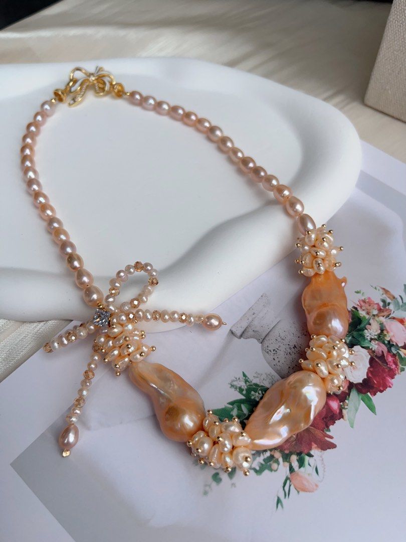 #PN1026 [Floral Series] Freshwater Pearl Necklace | Sweet Orange 🍊 Sparkling Water| A Fresh Breath In Summer|Ribbon Design| Golden Orange Lustrous Big Fishtail Baroque | Rice Pearl | 43cm| Shining Sun ☀️