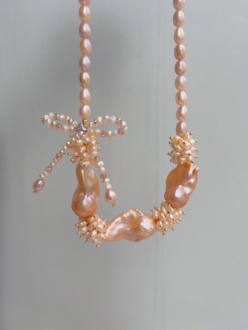 #PN1026 [Floral Series] Freshwater Pearl Necklace | Sweet Orange 🍊 Sparkling Water| A Fresh Breath In Summer|Ribbon Design| Golden Orange Lustrous Big Fishtail Baroque | Rice Pearl | 43cm| Shining Sun ☀️