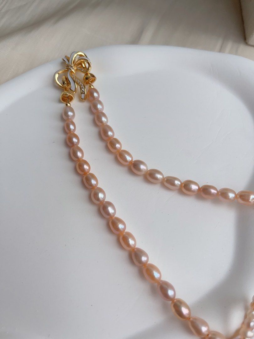 #PN1026 [Floral Series] Freshwater Pearl Necklace | Sweet Orange 🍊 Sparkling Water| A Fresh Breath In Summer|Ribbon Design| Golden Orange Lustrous Big Fishtail Baroque | Rice Pearl | 43cm| Shining Sun ☀️
