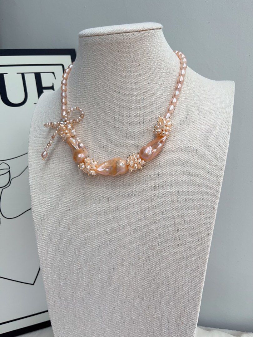 #PN1026 [Floral Series] Freshwater Pearl Necklace | Sweet Orange 🍊 Sparkling Water| A Fresh Breath In Summer|Ribbon Design| Golden Orange Lustrous Big Fishtail Baroque | Rice Pearl | 43cm| Shining Sun ☀️