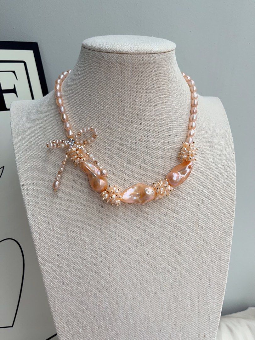 #PN1026 [Floral Series] Freshwater Pearl Necklace | Sweet Orange 🍊 Sparkling Water| A Fresh Breath In Summer|Ribbon Design| Golden Orange Lustrous Big Fishtail Baroque | Rice Pearl | 43cm| Shining Sun ☀️