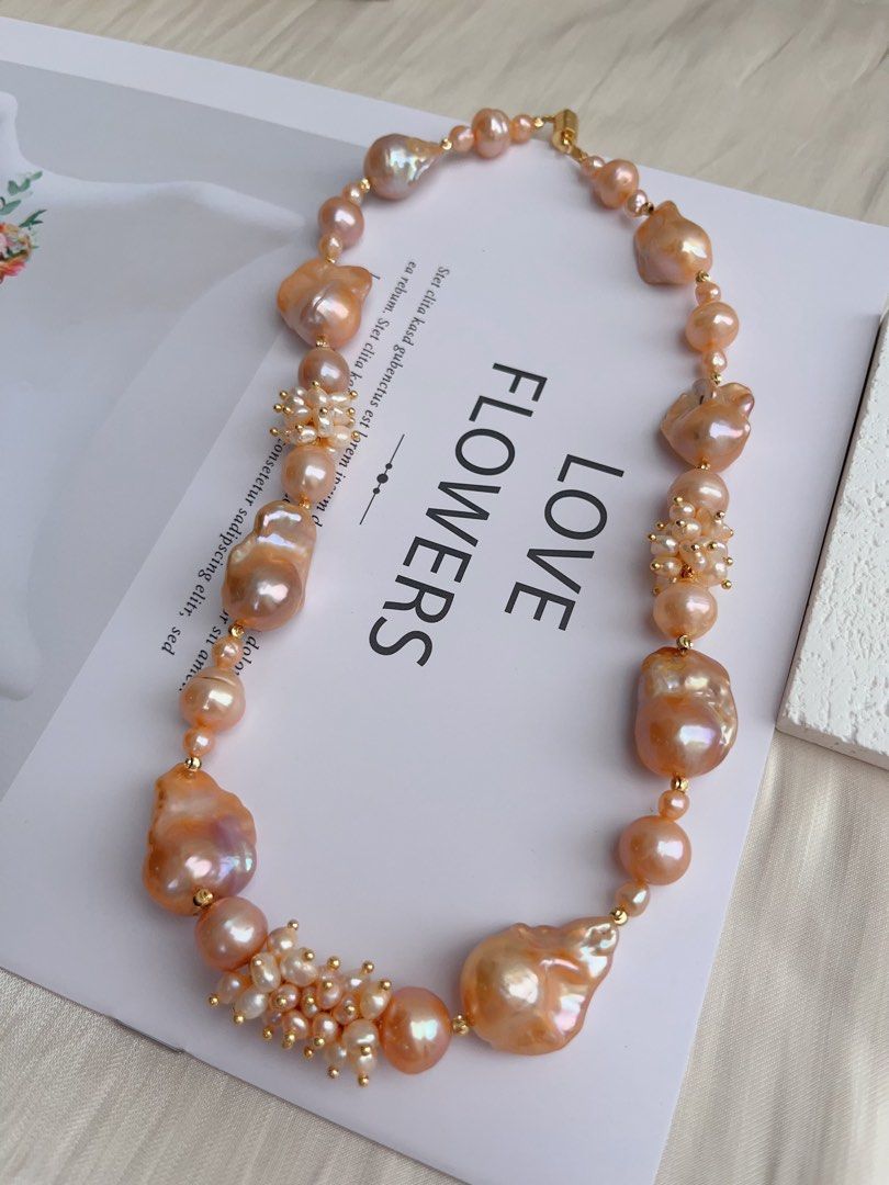 #PN1027 [Floral Series] Freshwater Pearl Necklace | Grapefruit Fanta| Golden Lustre | Fishtail Baroque | Superb Lustre| Thick Pearl Layer| 45cm| Natural Flaws| Strong Presence | Queen Vibe