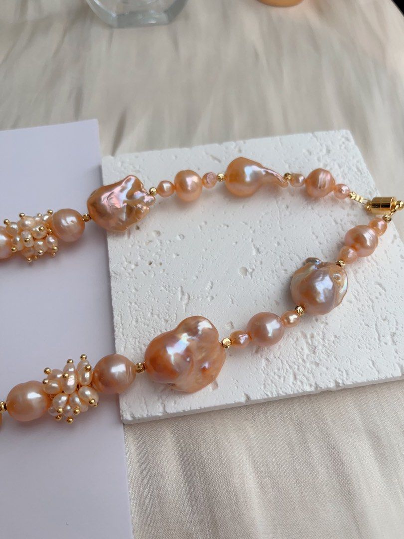 #PN1027 [Floral Series] Freshwater Pearl Necklace | Grapefruit Fanta| Golden Lustre | Fishtail Baroque | Superb Lustre| Thick Pearl Layer| 45cm| Natural Flaws| Strong Presence | Queen Vibe