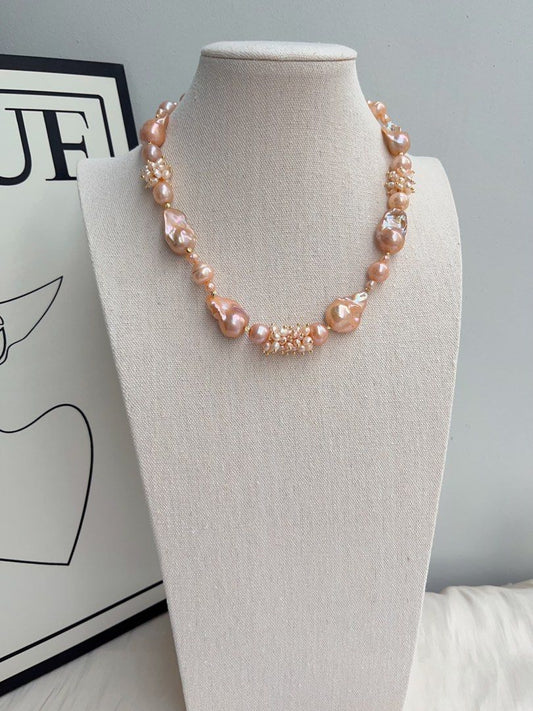 #PN1027 [Floral Series] Freshwater Pearl Necklace | Grapefruit Fanta| Golden Lustre | Fishtail Baroque | Superb Lustre| Thick Pearl Layer| 45cm| Natural Flaws| Strong Presence | Queen Vibe