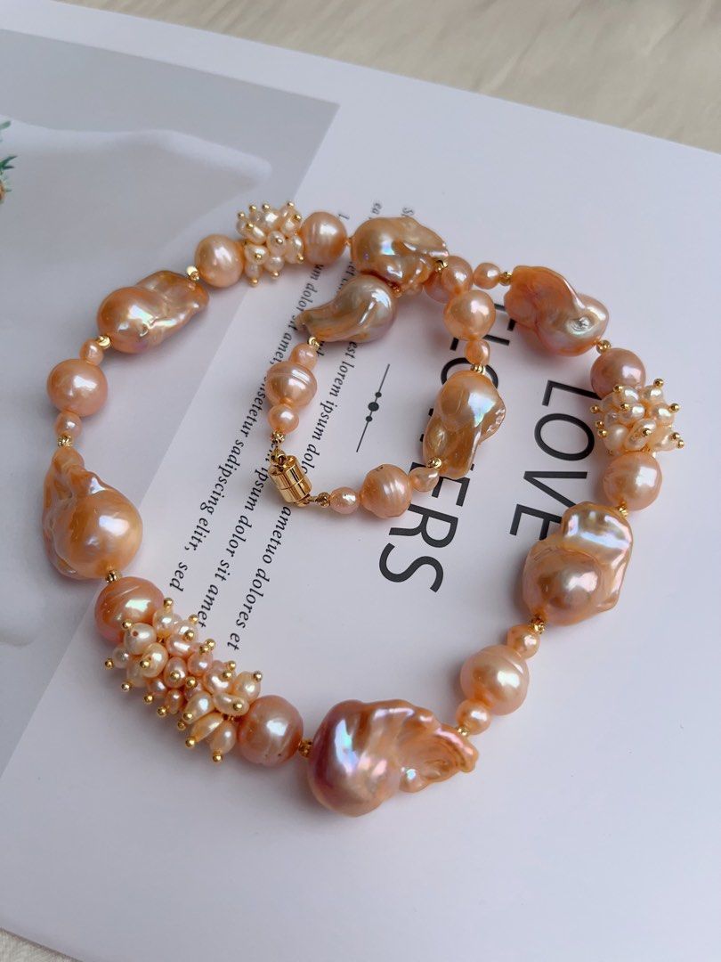 #PN1027 [Floral Series] Freshwater Pearl Necklace | Grapefruit Fanta| Golden Lustre | Fishtail Baroque | Superb Lustre| Thick Pearl Layer| 45cm| Natural Flaws| Strong Presence | Queen Vibe
