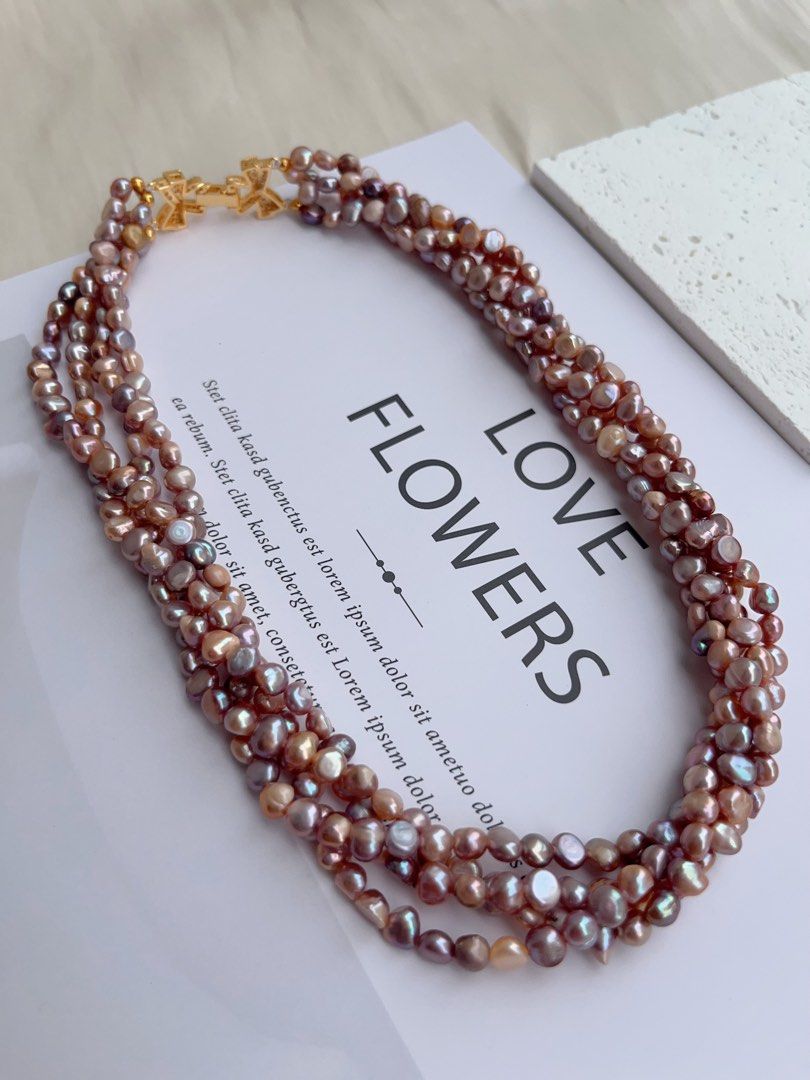 #PN1028 Freshwater Pearl Necklace | 4-layer Pearl Stone Winding design| Lustrous | Dark Purple | Natural Flaws| 40cm| High Value| Irregular Baroque | Halo of Elegance