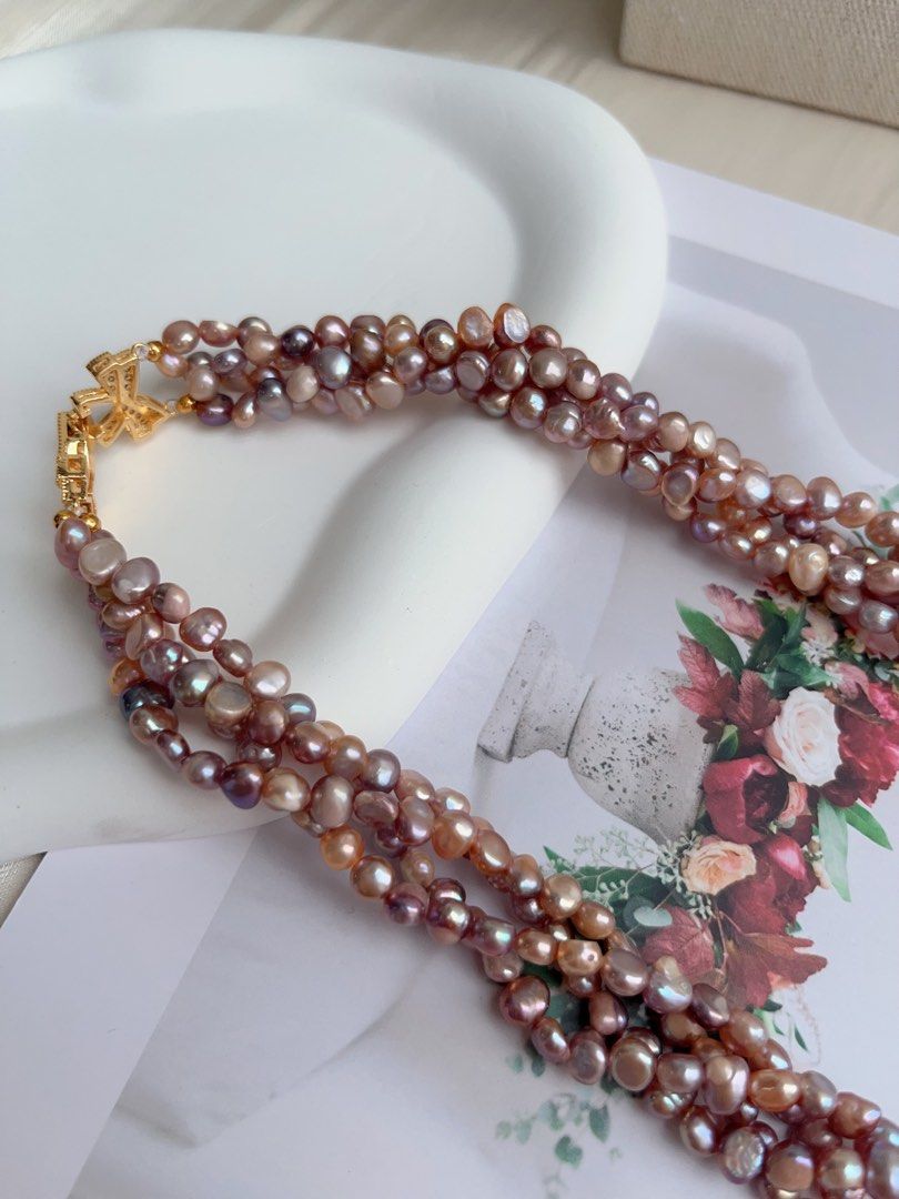 #PN1028 Freshwater Pearl Necklace | 4-layer Pearl Stone Winding design| Lustrous | Dark Purple | Natural Flaws| 40cm| High Value| Irregular Baroque | Halo of Elegance