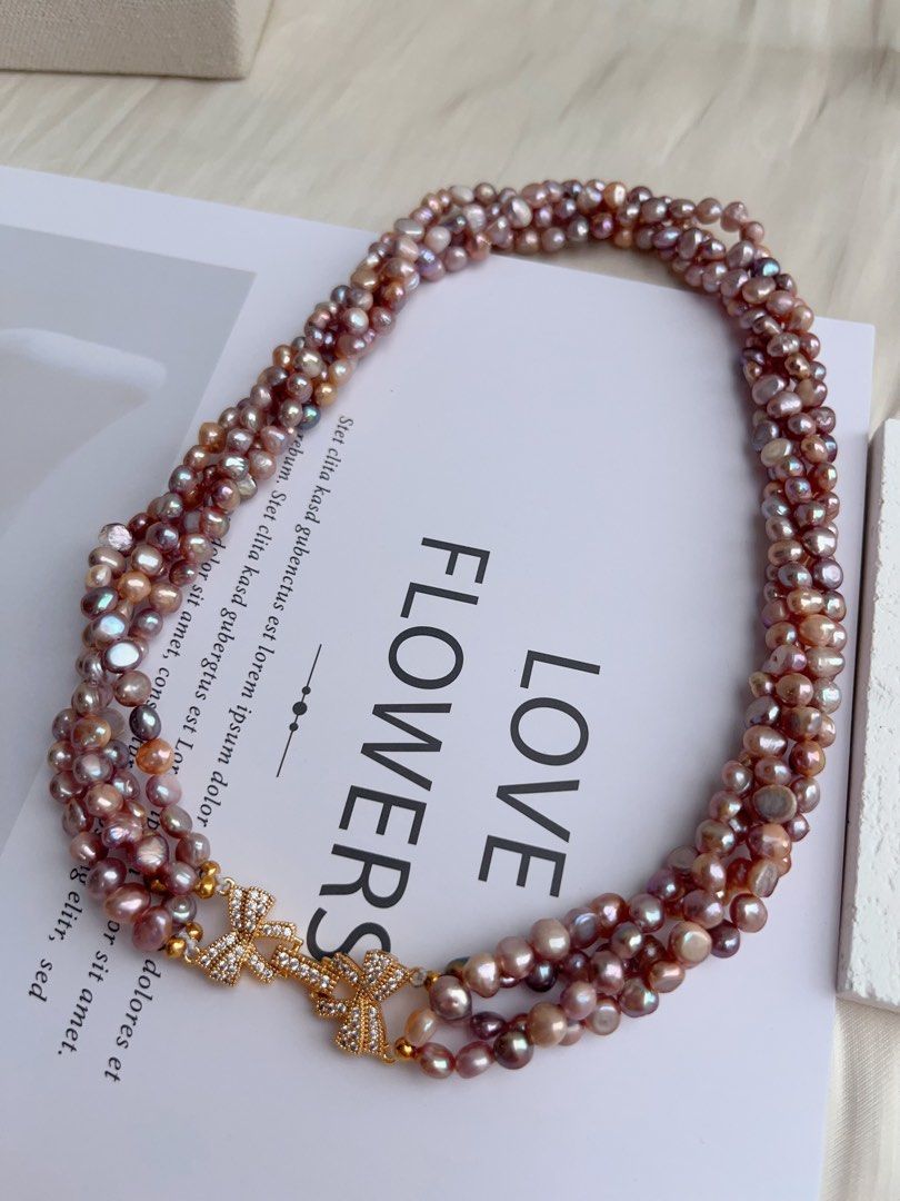#PN1028 Freshwater Pearl Necklace | 4-layer Pearl Stone Winding design| Lustrous | Dark Purple | Natural Flaws| 40cm| High Value| Irregular Baroque | Halo of Elegance