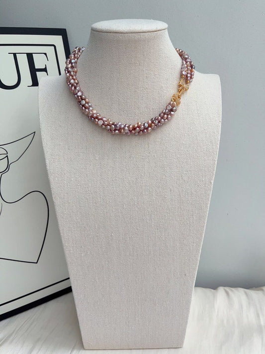 #PN1028 Freshwater Pearl Necklace | 4-layer Pearl Stone Winding design| Lustrous | Dark Purple | Natural Flaws| 40cm| High Value| Irregular Baroque | Halo of Elegance