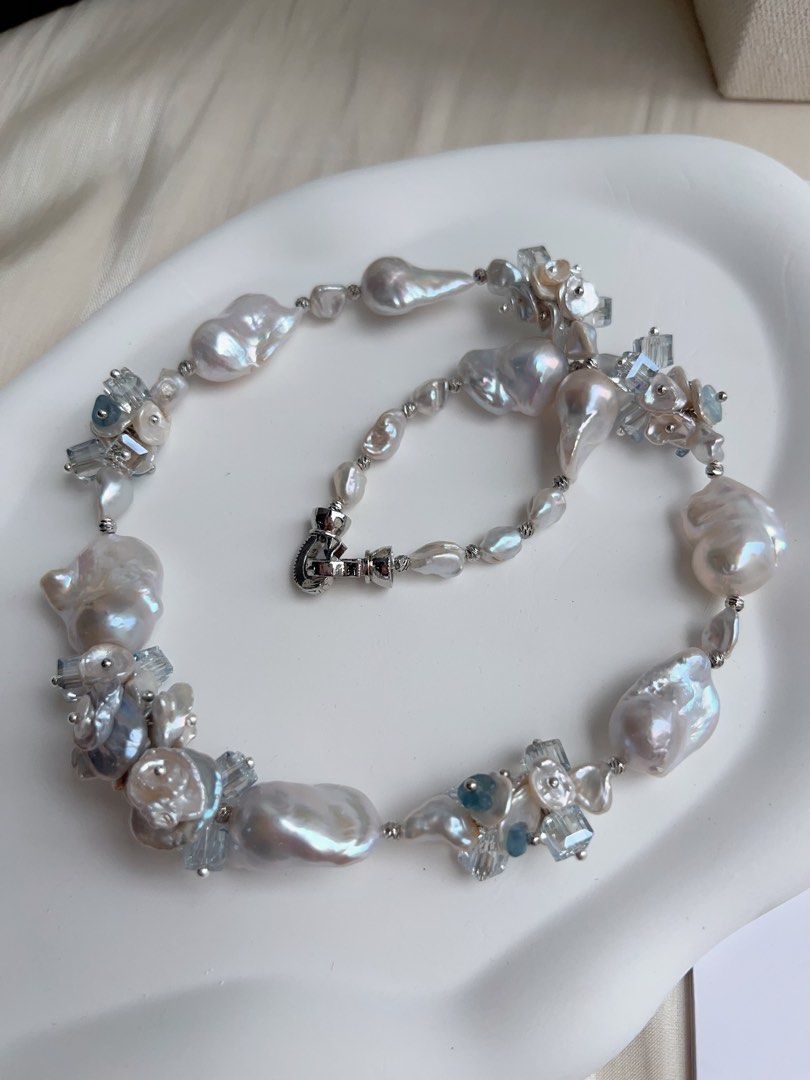 #PN1031 [Floral Series] Freshwater Pearl Necklace | Orchid in the Valley | Blue Lustre Fishtail Baroque Pearl | Aquamarine | Clear & Clean| 42cm| Gentle as You Are