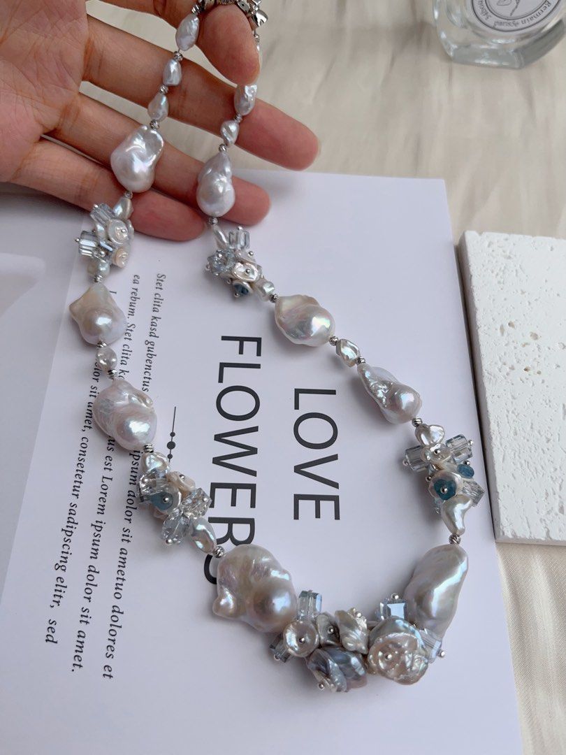 #PN1031 [Floral Series] Freshwater Pearl Necklace | Orchid in the Valley | Blue Lustre Fishtail Baroque Pearl | Aquamarine | Clear & Clean| 42cm| Gentle as You Are